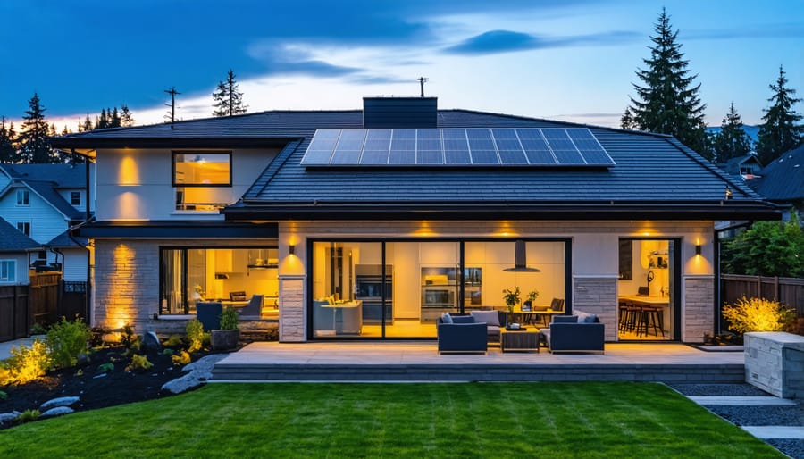 Residential home with solar panels during overcast winter day in British Columbia