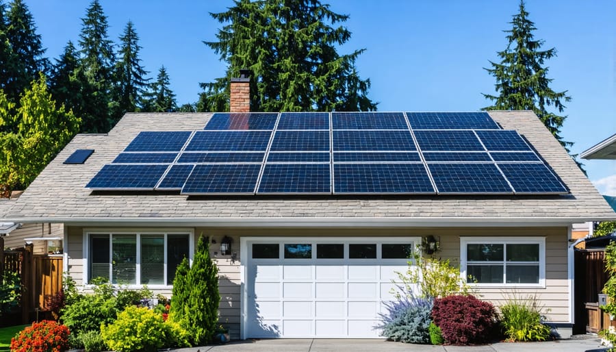 Solar installer and homeowner shaking hands with completed solar installation visible on roof
