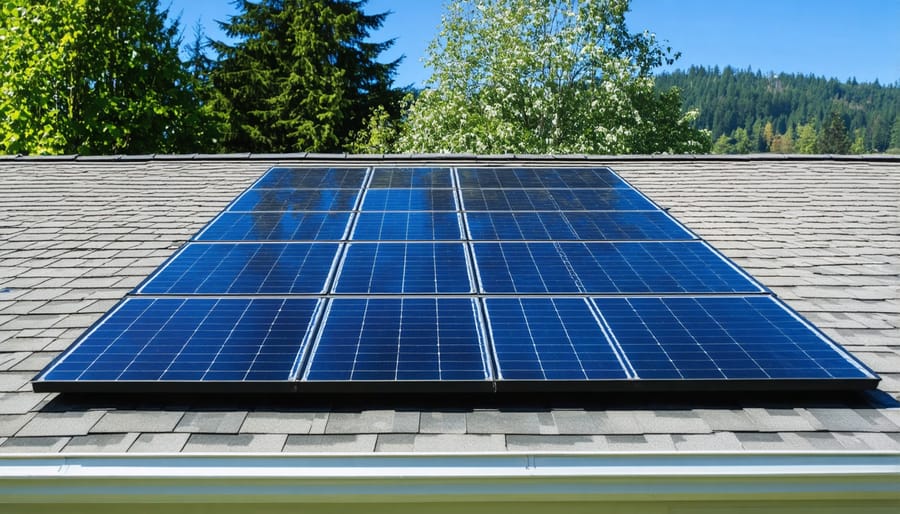 Couple reviewing solar financing documents and calculations at home