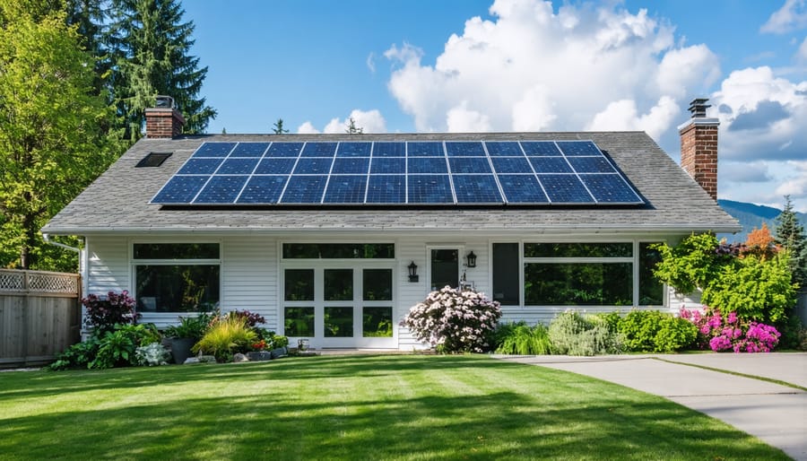 Family standing in front of their home with solar panels on the roof