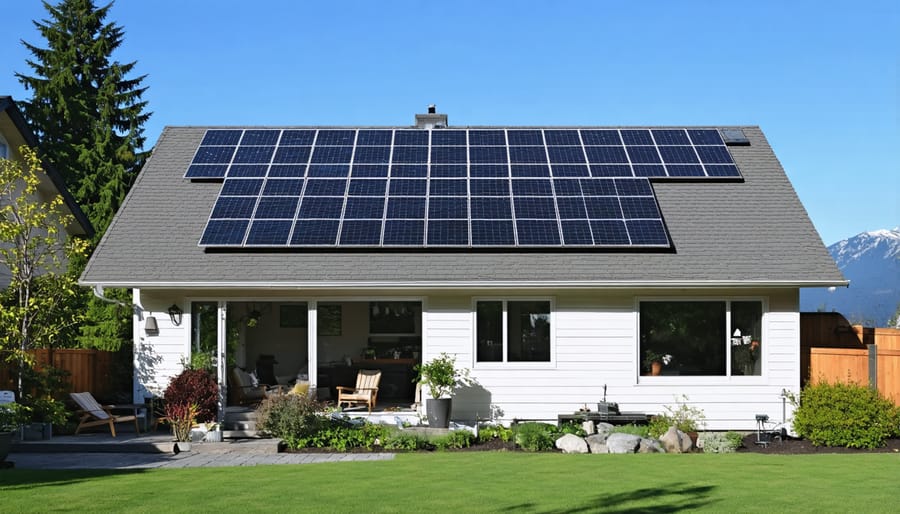 BC homeowners standing in front of their house with solar panels installed on roof