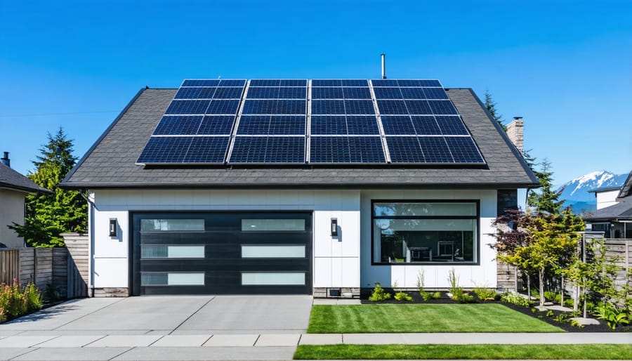 Solar panels installed on residential roof with BC mountains in background