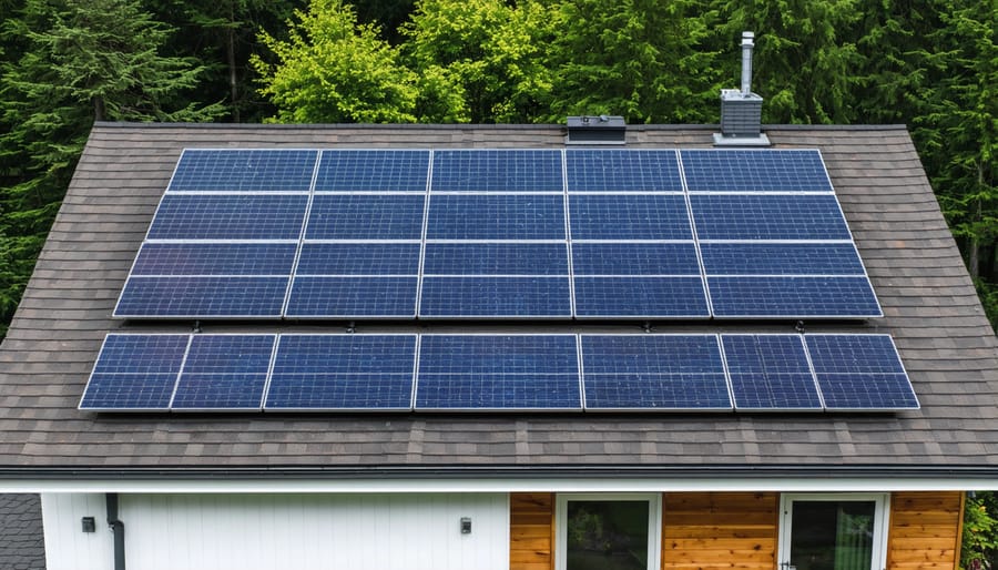 Solar panel array installed on residential sloped roof in British Columbia