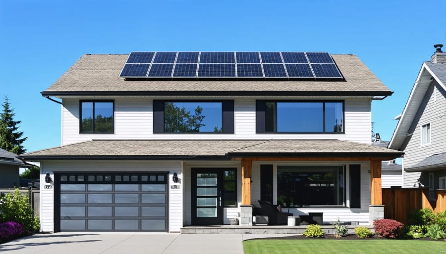 Solar panels installed on residential home roof with British Columbia mountains in background