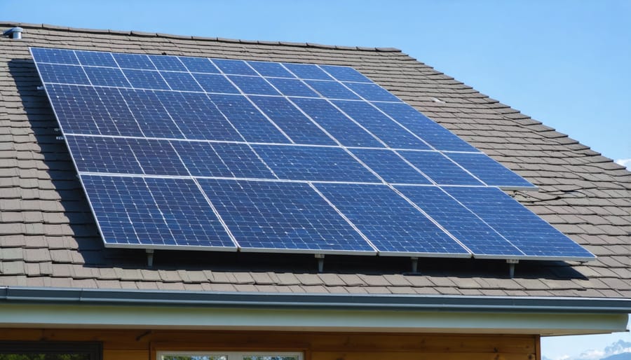 Solar panels mounted on residential rooftop with British Columbia forest landscape in background