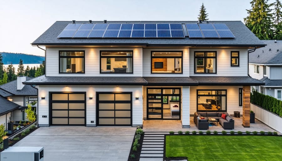 Modern British Columbia home with solar panels installed on roof surrounded by evergreen trees
