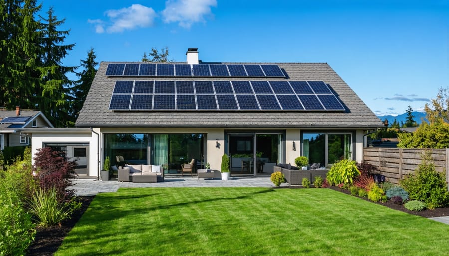 Solar-equipped home in British Columbia with coastal mountains and forest in background