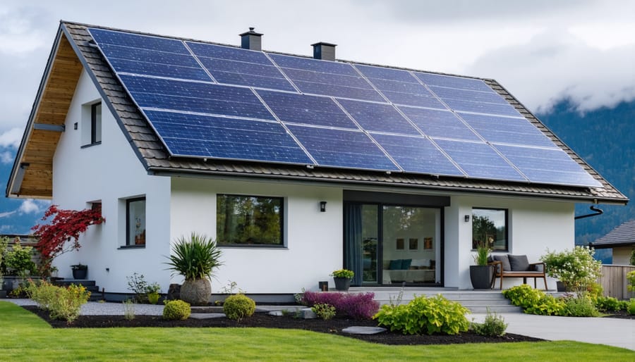 Solar panels on residential roof under partly cloudy British Columbia sky