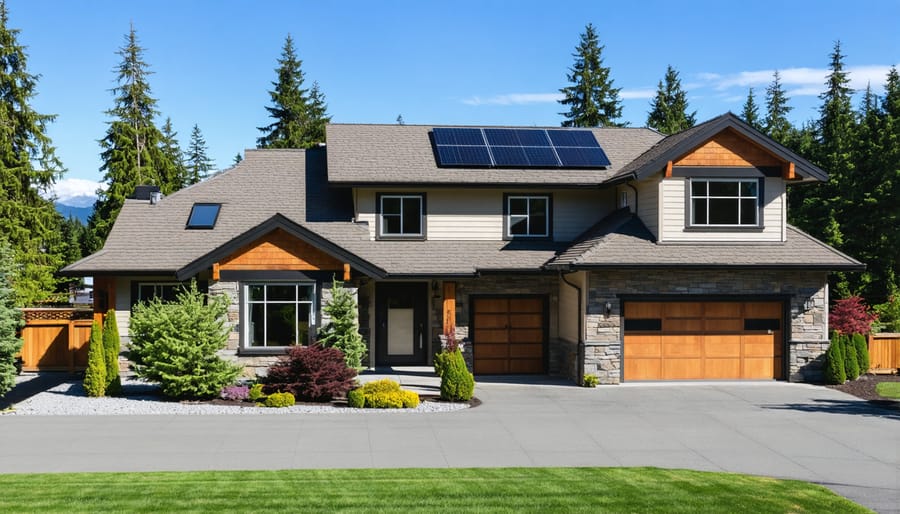 Aerial view of residential solar panel installation with partial shading from nearby trees