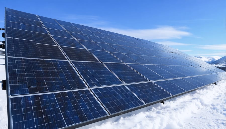 Bifacial solar panels mounted above snow-covered ground showing dual-sided design