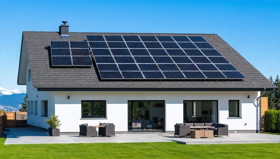 Certified solar installer working on rooftop solar panel installation with BC mountain landscape in background