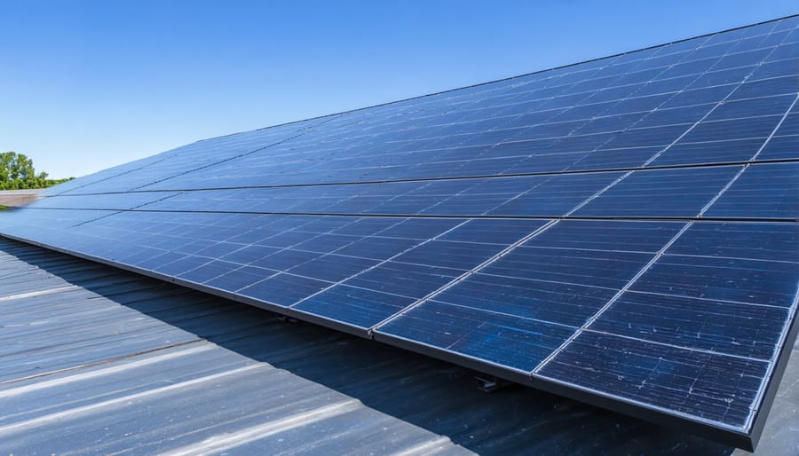 Large-scale commercial solar panel installation on business building rooftop