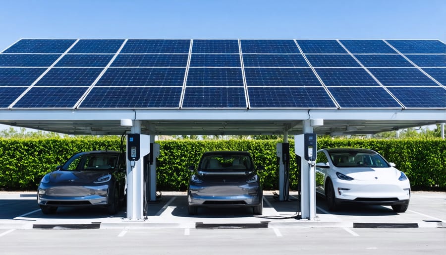 Commercial building with rooftop solar panels and multiple EV charging stations in parking lot