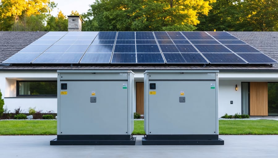 Two solar batteries mounted on wall in residential garage