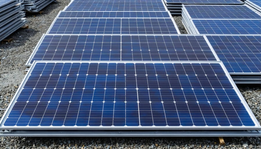 Stack of decommissioned solar panels showing blue cells and aluminum frames at recycling facility
