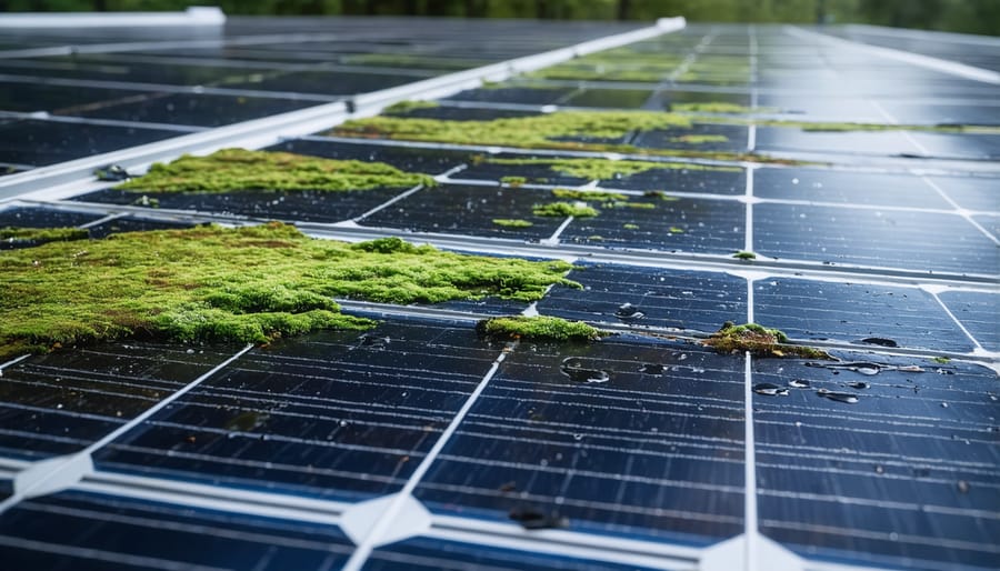 Solar panels with visible moss and algae accumulation from wet climate conditions