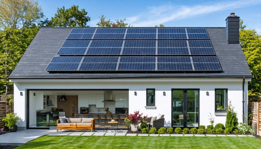 Modern home under construction showing exposed roof framing and structural elements
