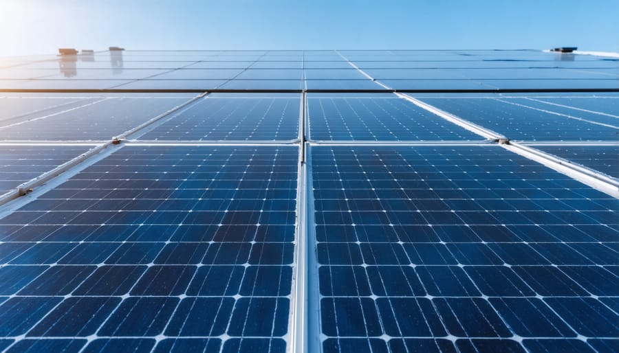 Well-angled residential solar panel installation remaining snow-free during winter conditions