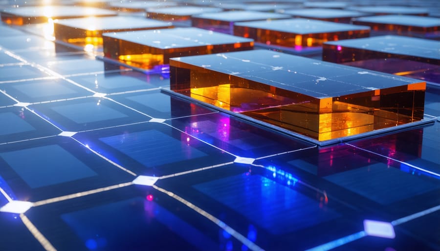 Close-up of perovskite solar panel showing crystalline surface texture on residential rooftop
