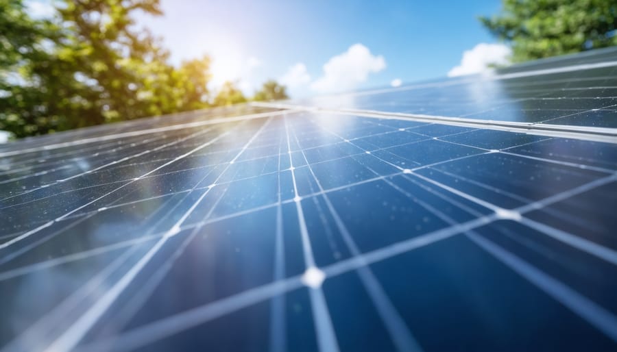 Solar installer's hands positioning advanced solar panel on rooftop mounting system