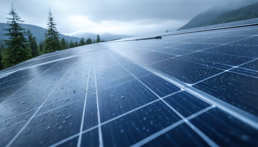 Solar panels with rainwater droplets on surface under overcast sky