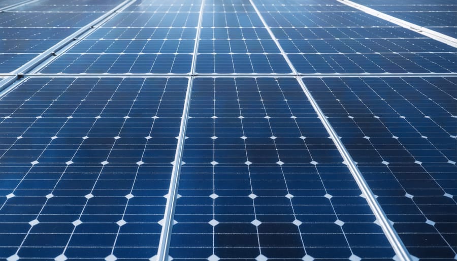 Separated solar panel components including glass fragments, silicon pieces, and silver strips held in gloved hands