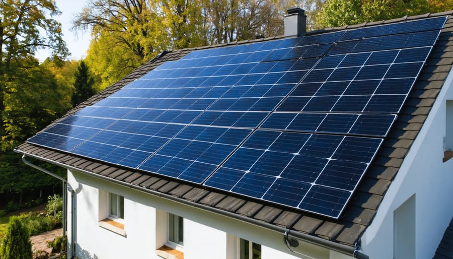 Homeowner monitoring solar panel performance on tablet with panels visible in background