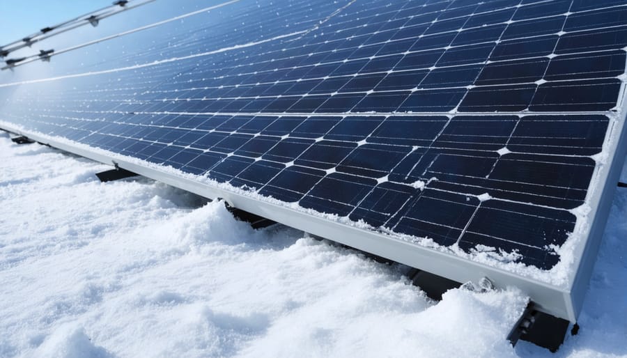 Snow partially covering solar panel surface in winter conditions