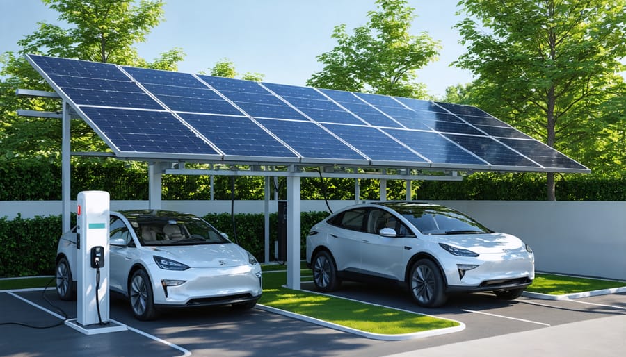 Solar panels on residential roof with EV charging station mounted on exterior wall