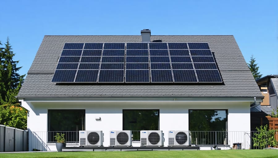 Residential solar panel installation with heat pump on BC home exterior