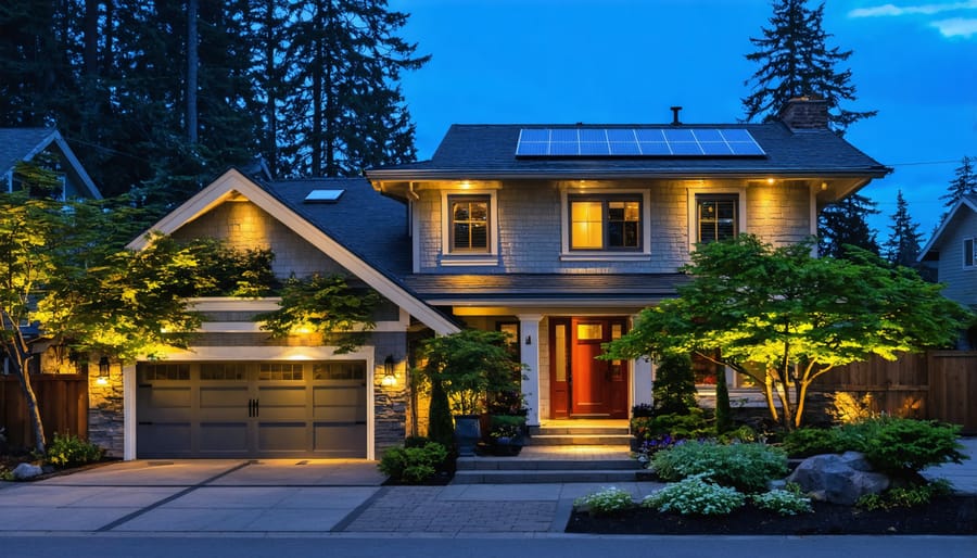 Solar spotlights illuminating cedar tree and stone wall feature at night