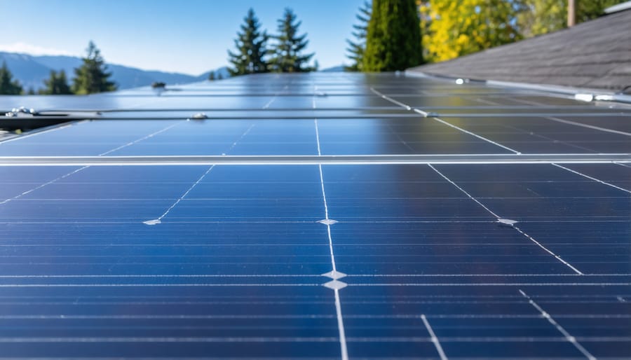 Homeowner safely cleaning and inspecting rooftop solar panels with cleaning equipment