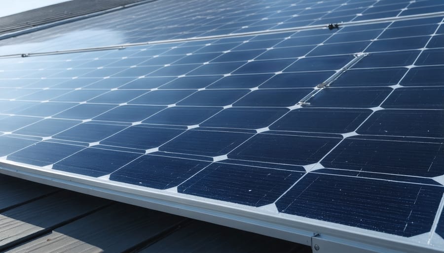 Cross-section view of solar panel showing internal layers and materials including silicon cells and aluminum frame