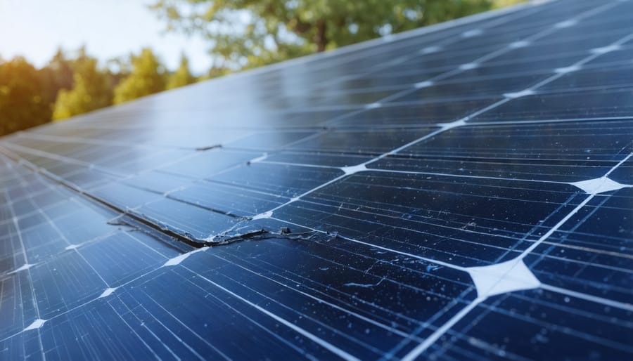 Solar panel installation showing wind damage with lifted panel corner and mounting issues