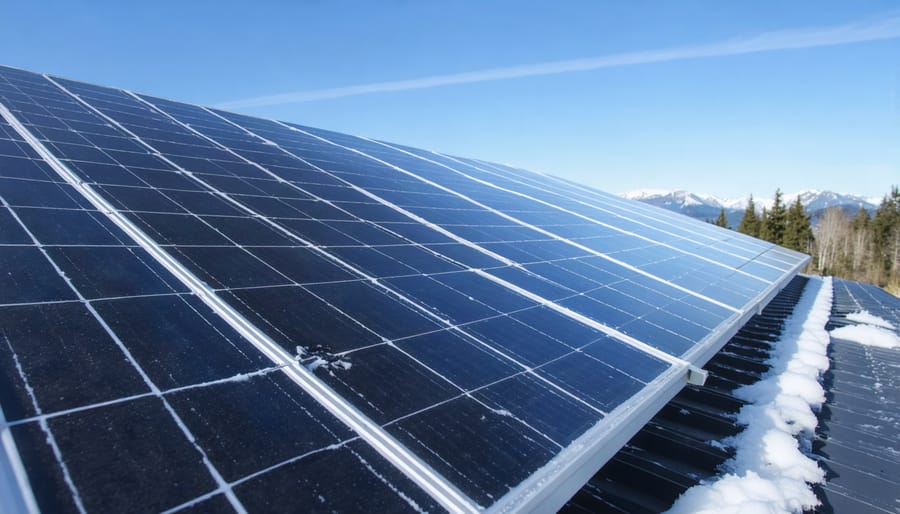Snow naturally sliding off tilted solar panels in winter sunlight