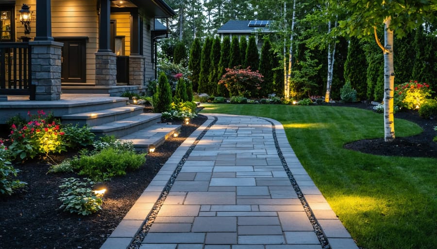 Solar pathway lights illuminating curved walkway to home entrance at dusk