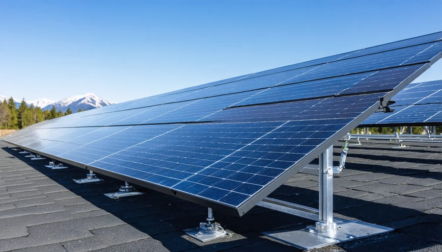 Aerial view comparing large-scale solar farm to small residential rooftop solar installation