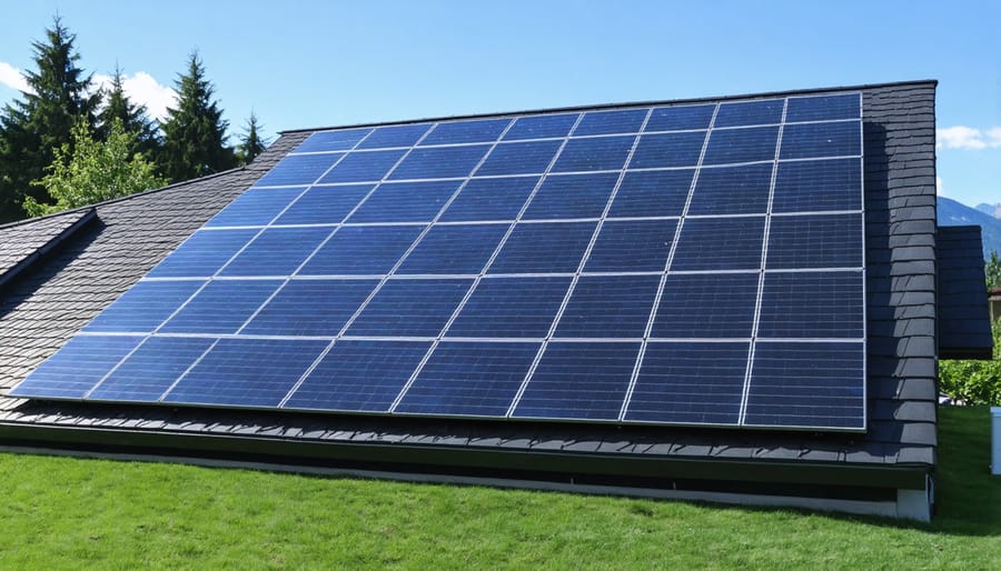 Residential solar panel installation on BC home with mountain landscape in background