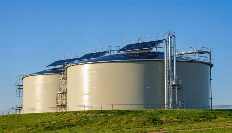 Large insulated thermal storage tank with copper piping in residential mechanical room