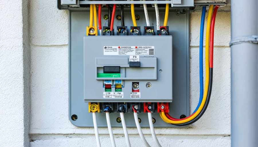 Residential electrical service panel with three-phase power lines on home exterior