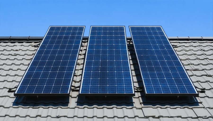 Three solar panels mounted in series on a residential roof in British Columbia