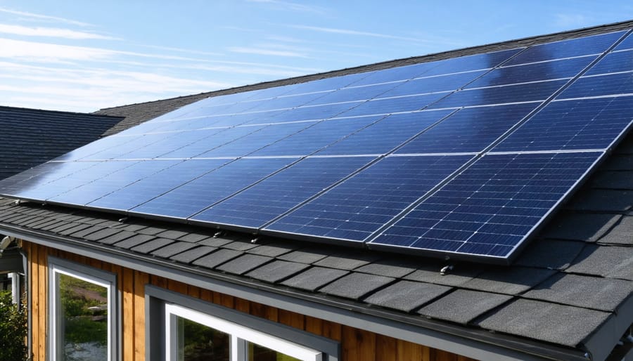 Residential home with solar panels installed on roof in Pacific Northwest neighborhood