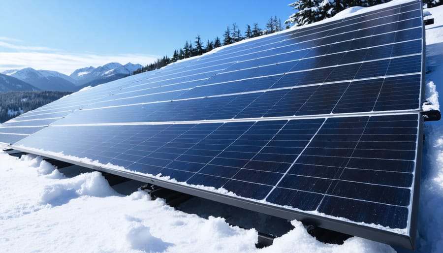 Solar panels on residential roof partially covered with snow showing natural sliding patterns