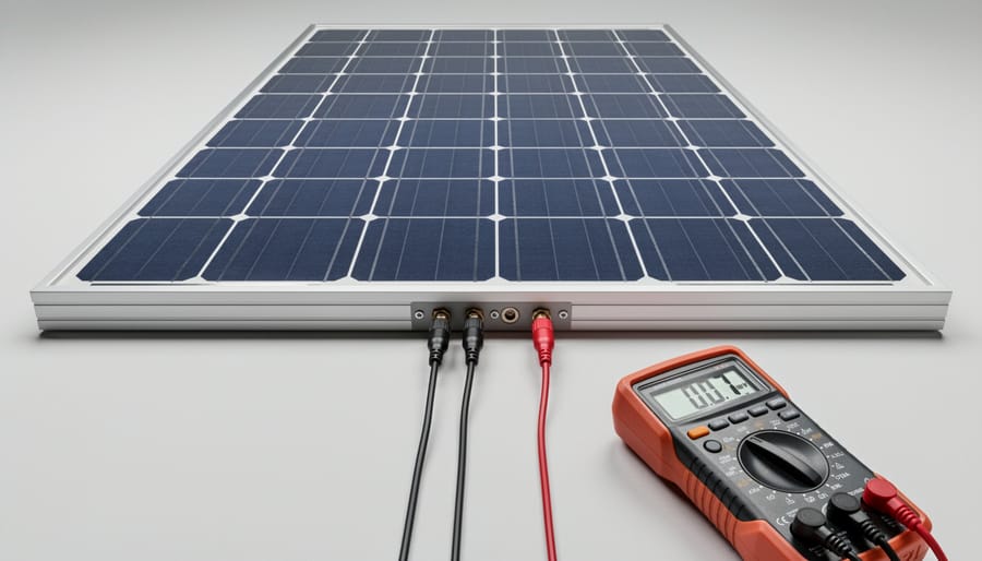 100-watt solar panel on residential roof with measurement equipment at connection terminals