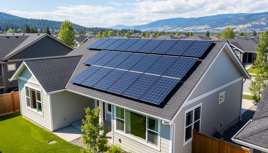 Solar panel array installed on residential roof with Okanagan hills in background