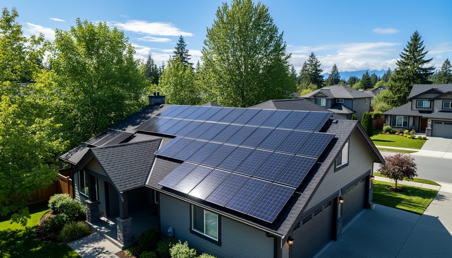 Solar panel array installed on residential rooftop with British Columbia mountain landscape