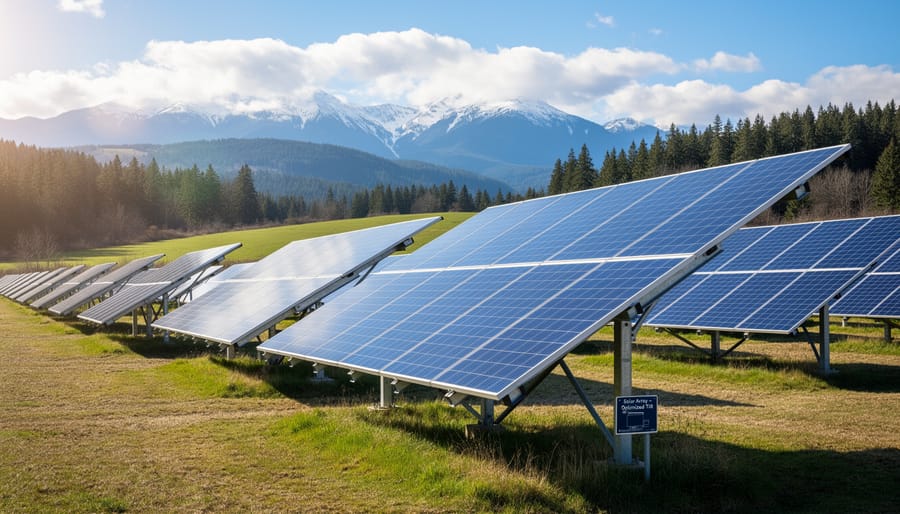 RV owners adjusting solar panel angle at scenic lakeside campsite in British Columbia