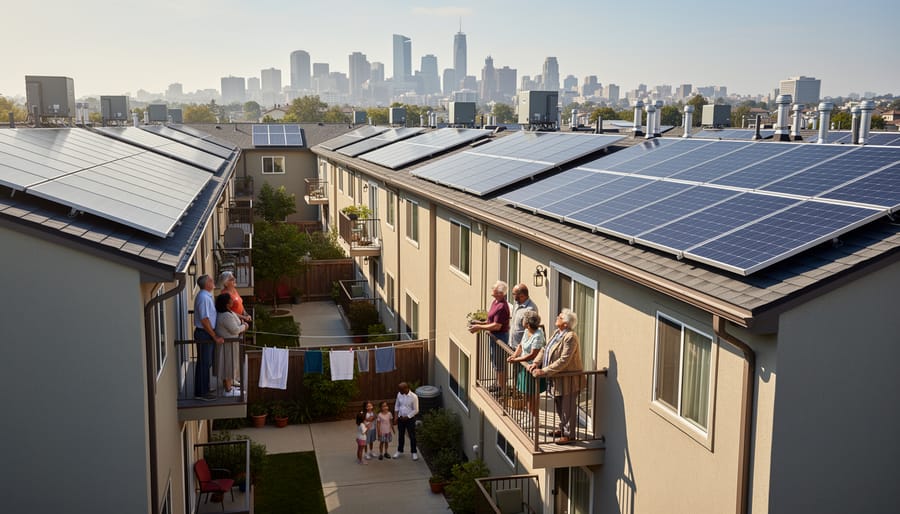 Solar panel array installed on affordable housing building rooftop with mountains in background