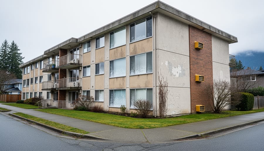 Aged 1970s apartment building showing weathered exterior and old windows