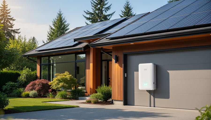 Home battery backup storage system mounted on garage wall